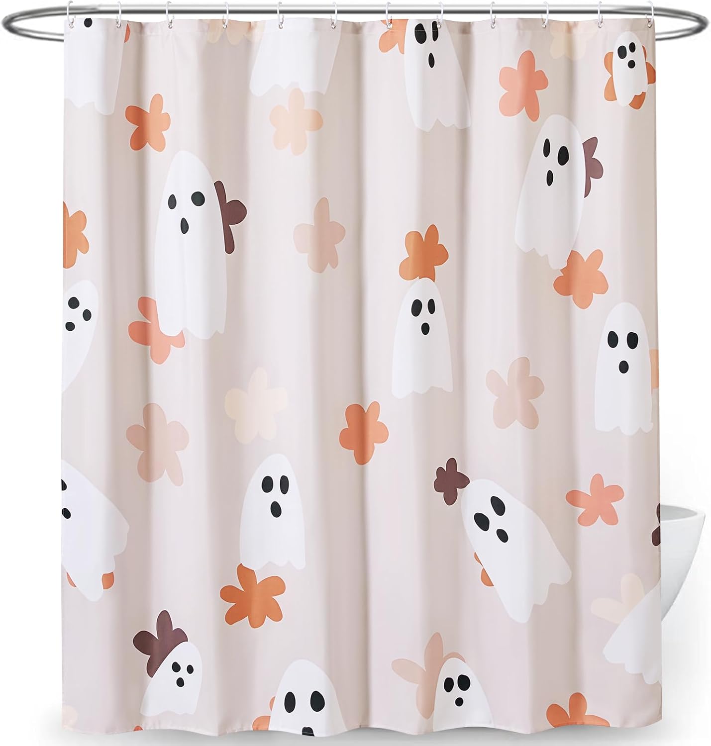 Floral Ghost Bathroom Shower Curtain Set with Hooks, 180GSM Heavy Duty Fabric Shower Curtains, 72 x 72 Cute Boho Abstract Spooky Halloween Shower Curtain for Bathroom Halloween Aesthetic Decor