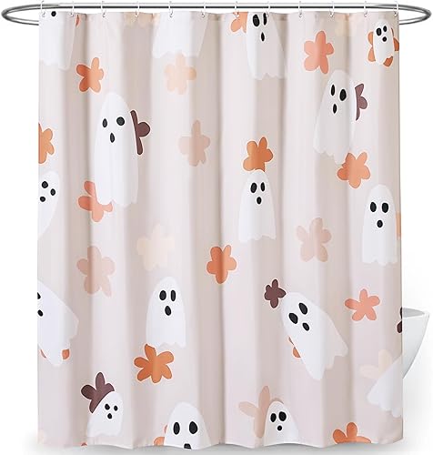 Miniatura 8 de Juego de cortina de ducha de baño con fantasmas florales con ganchos, cortinas de ducha de tela resistente de 180 GSM, 72 x 72 pulgadas, bonita