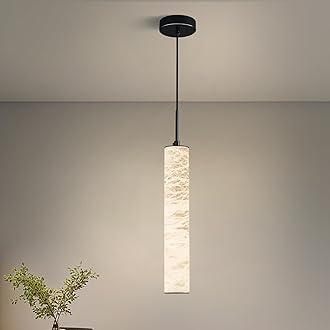 LMQNINE Natural Alabaster Pendant Lights for Kitchen Island White Marble Long Tube Chandelier 4000K Modern Black Ceiling Light Fixtures for Bedroom Dining Room Table Living Room Hallway(M-1Pack)