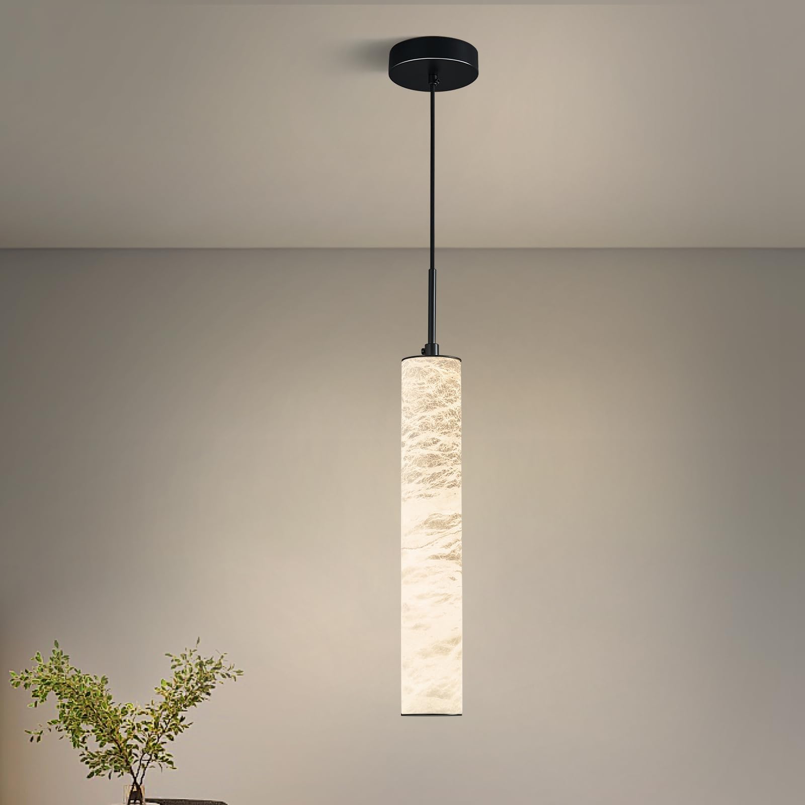 LMQNINE Natural Alabaster Pendant Lights for Kitchen Island White Marble Long Tube Chandelier 4000K Modern Black Ceiling Light Fixtures for Bedroom Dining Room Table Living Room Hallway(M-1Pack)