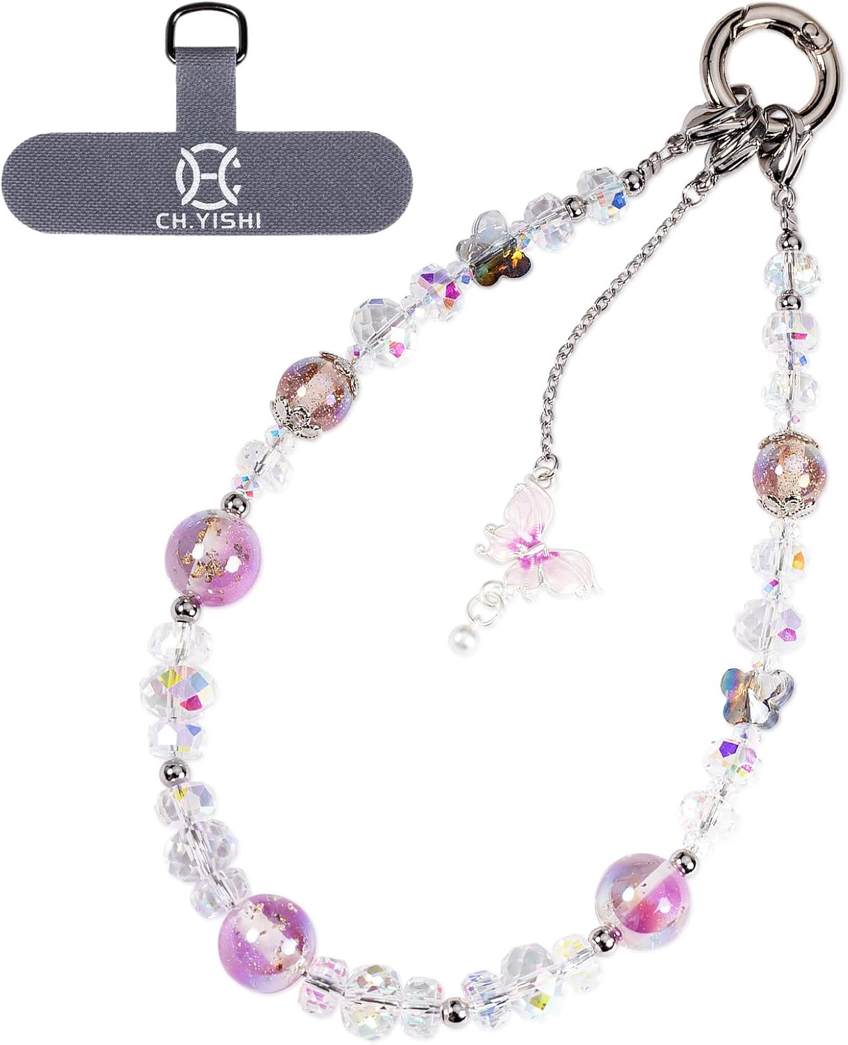 Handmade Beaded Charm Cell Phone Camera Lanyard, Wrist Strap with Pearl Crystal Gemstone Beads,Phone Chain String, Keychain Decor for Wallet (Purple Butterfly)