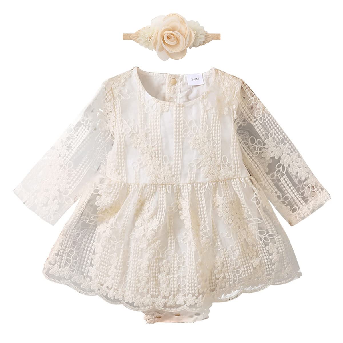 Newborn Infant Baby Girl Fall Winter Romper Dress White Beige Boho Lace Floral Dress Toddler Long Sleeve Bodysuit Crochet Dress Baptism Christening First Communion Dress Light Beige + Flower 6-9M
