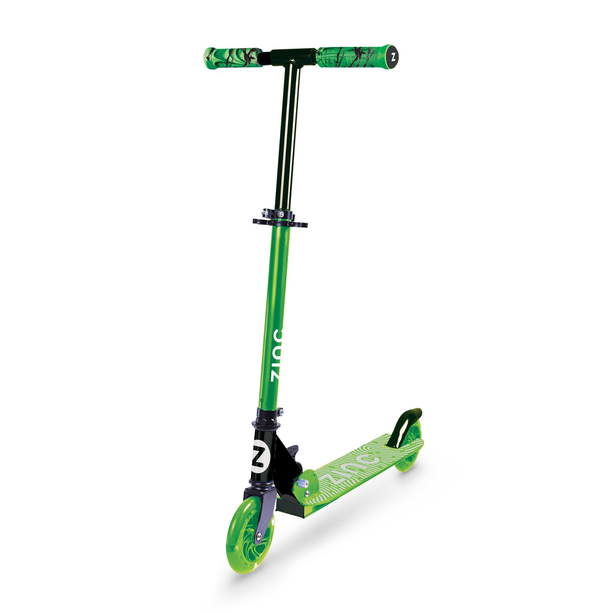 Zinc Identity Two Wheeled Folding Light Up Scooter - Green, Light up LED Wheels, Folding, Fold Down Handles, Non-Slip Deck, Height Adjustable, For Ages 5+, Great Gift Idea