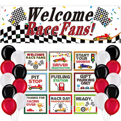 40 Pieces Race Car Party Decoration Set Welcome Race Fans Banner and Racing Cutouts and Racing Themed Balloons Race Car Party Suppliers and Favors