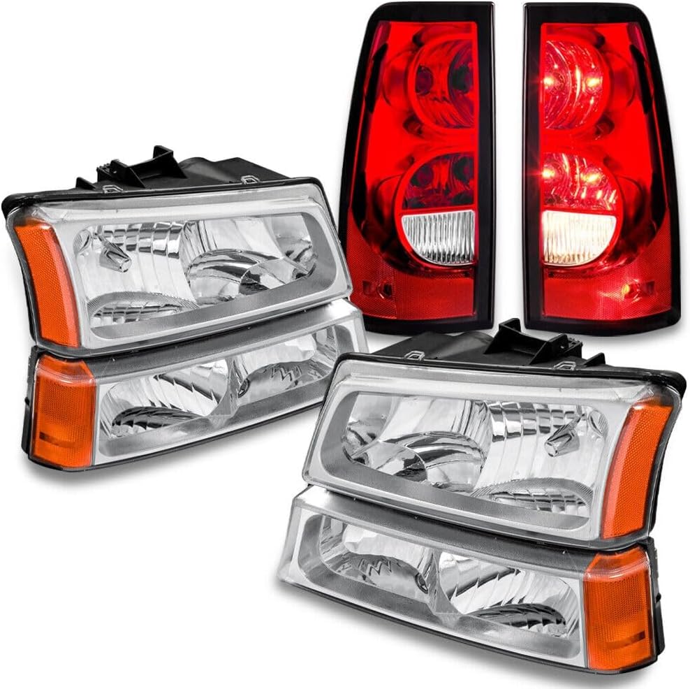 Chrome Housing Headlights & Red Tail Lights Front Left Right Rear ABS Plastic/Polycarbonate Lens for Chevy GM2801174 15207137