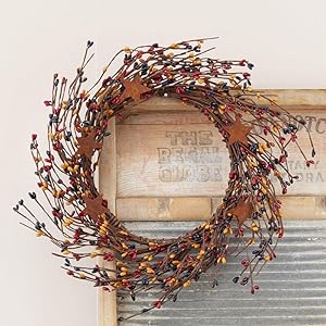 Artificial colonial americana pip berry wreath with rusty starsprimitive summer rustic berry wreath ring for farmhouse home decor entryway doors or centerpiece decorations size 12 diam  urban country home decor