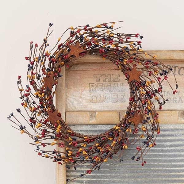 Artificial colonial americana pip berry wreath with rusty starsprimitive summer rustic berry wreath ring for farmhouse home decor entryway doors or centerpiece decorations size 12 diam  urban country home decor