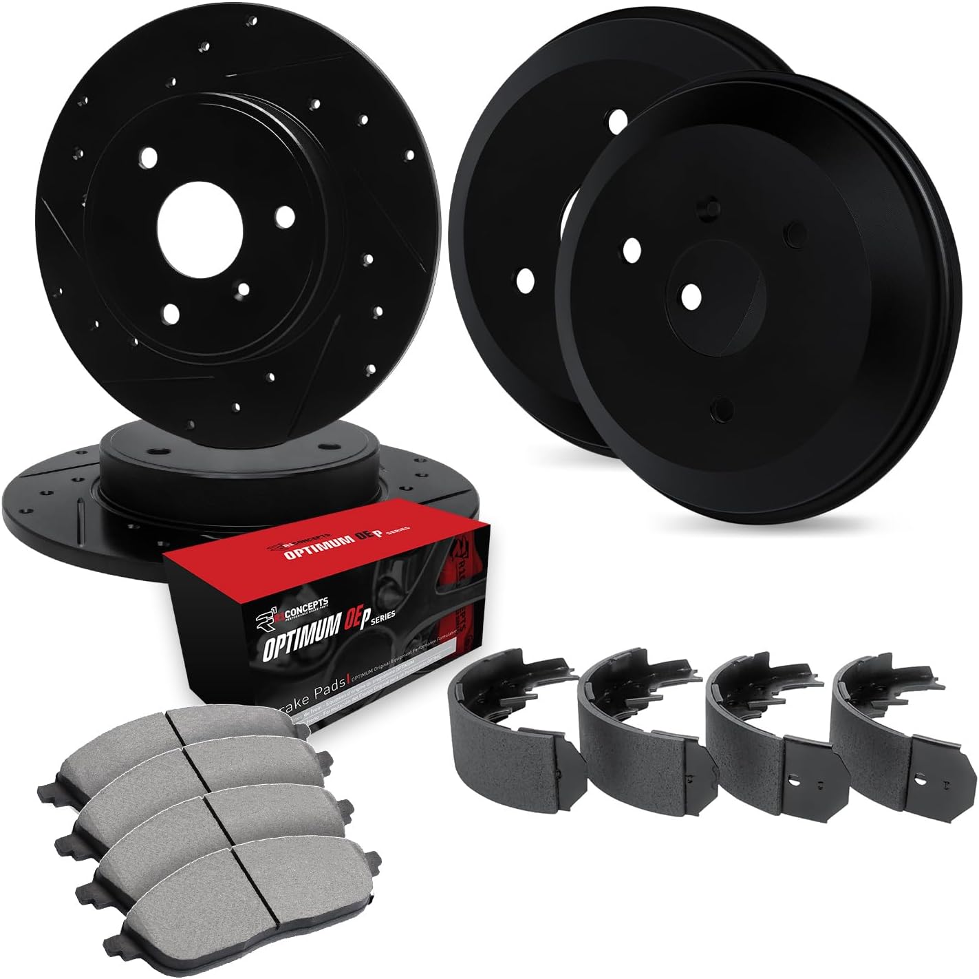 R1 Concepts Front and Rear Brake Kit For 2005-2016 Smart Fortwo| Drilled Slotted Brake Rotors| Optimum OEP Brake Pads and Rotors Kit