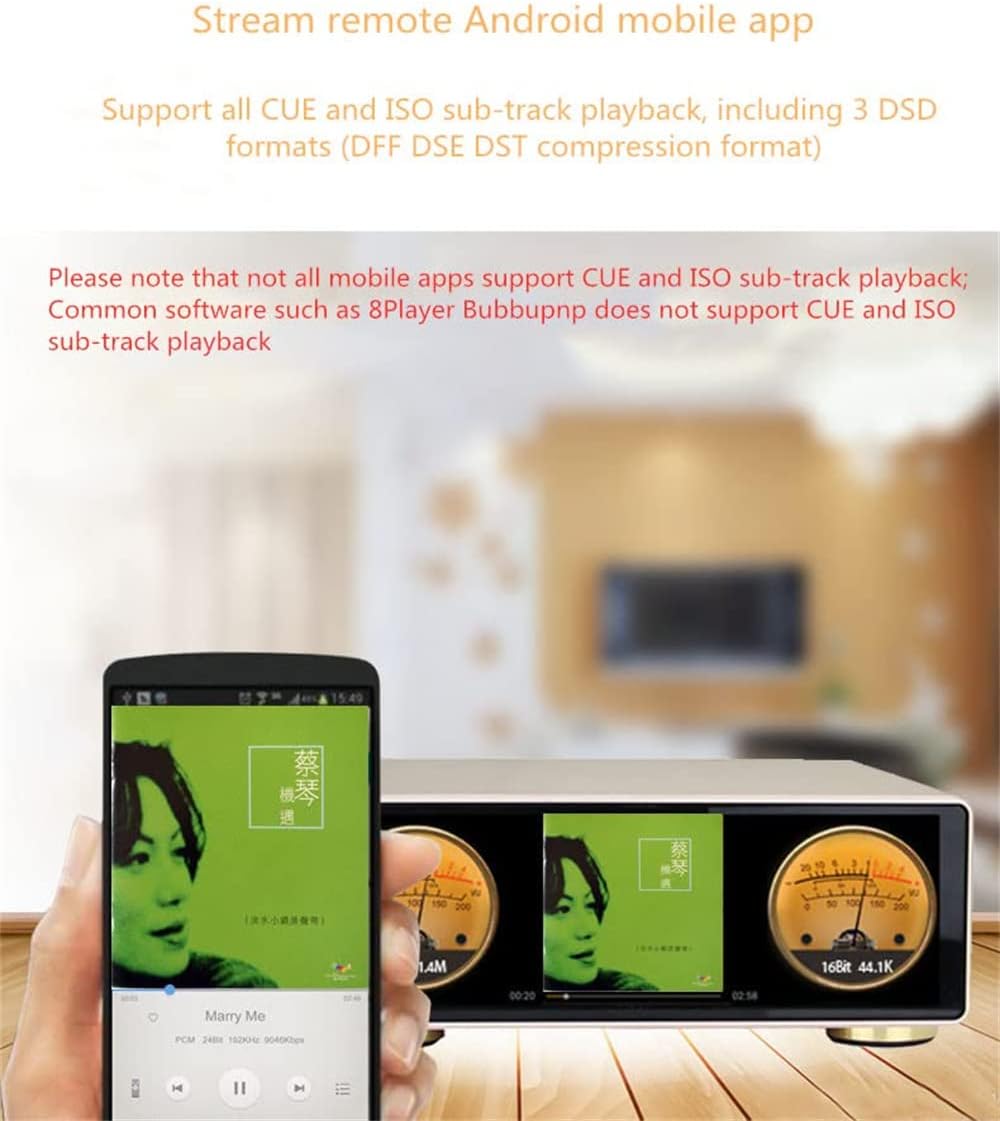 Image showing a smartphone displaying a music playback app, controlling the MX-2A Pro HiFi player which also shows album art and output meters.