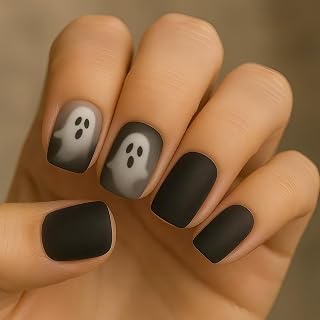 Halloween Cute Ghost Face Press on Nails Short Square Cute Ghost False Nails Halloween Full Cover Reusable Ghost False Nails for Women Girls Nail Accessories Decorations 24 Pcs