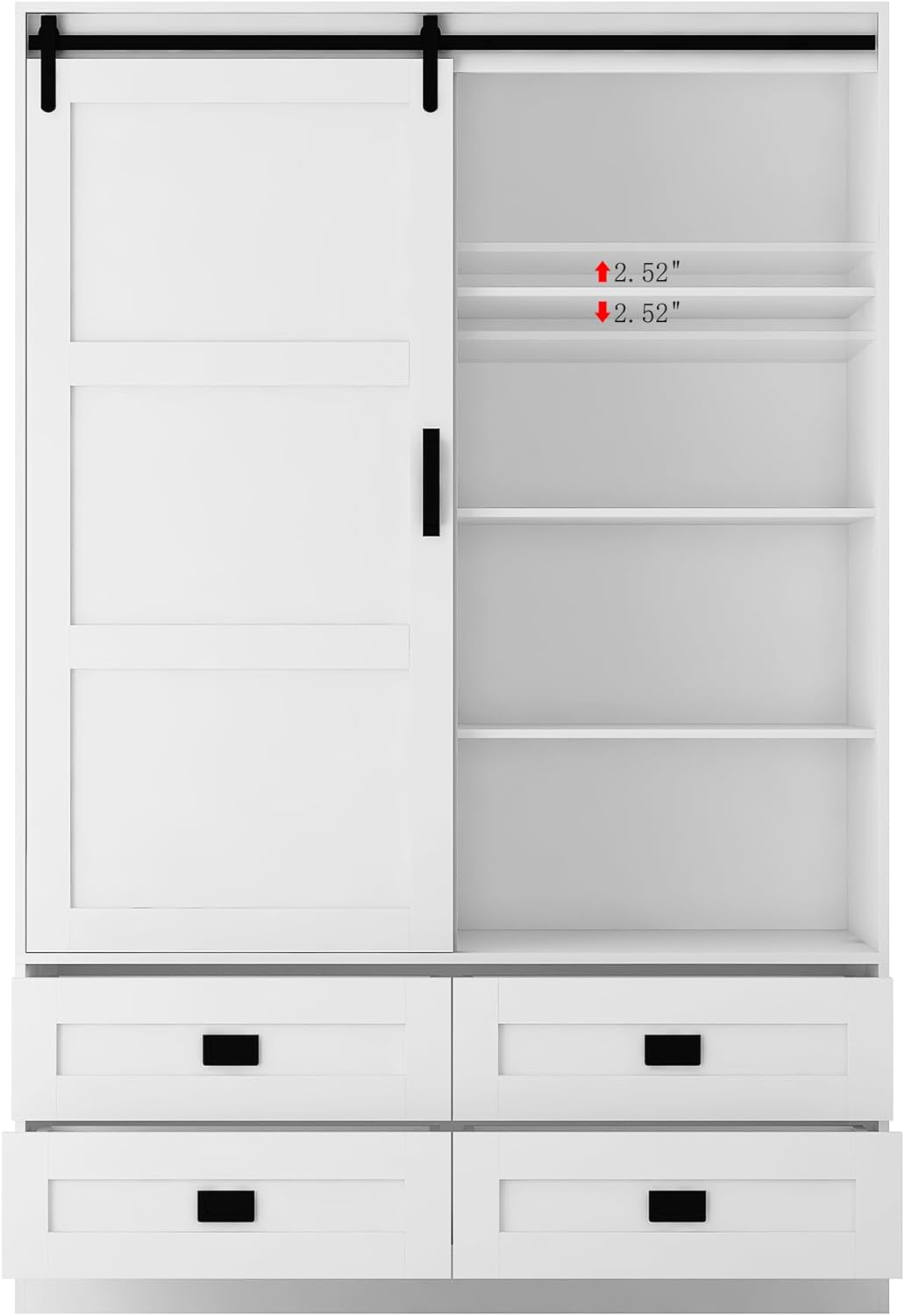 Wardrobe Closet with Sliding Barn Door, Tall Wooden Bedroom Armoire Wardrobe Closet Clothing Storage Cabinet with 4 Drawers, Adjustable Shelves and Hanging Rod, Clothes Cabinet for Bedroom, White