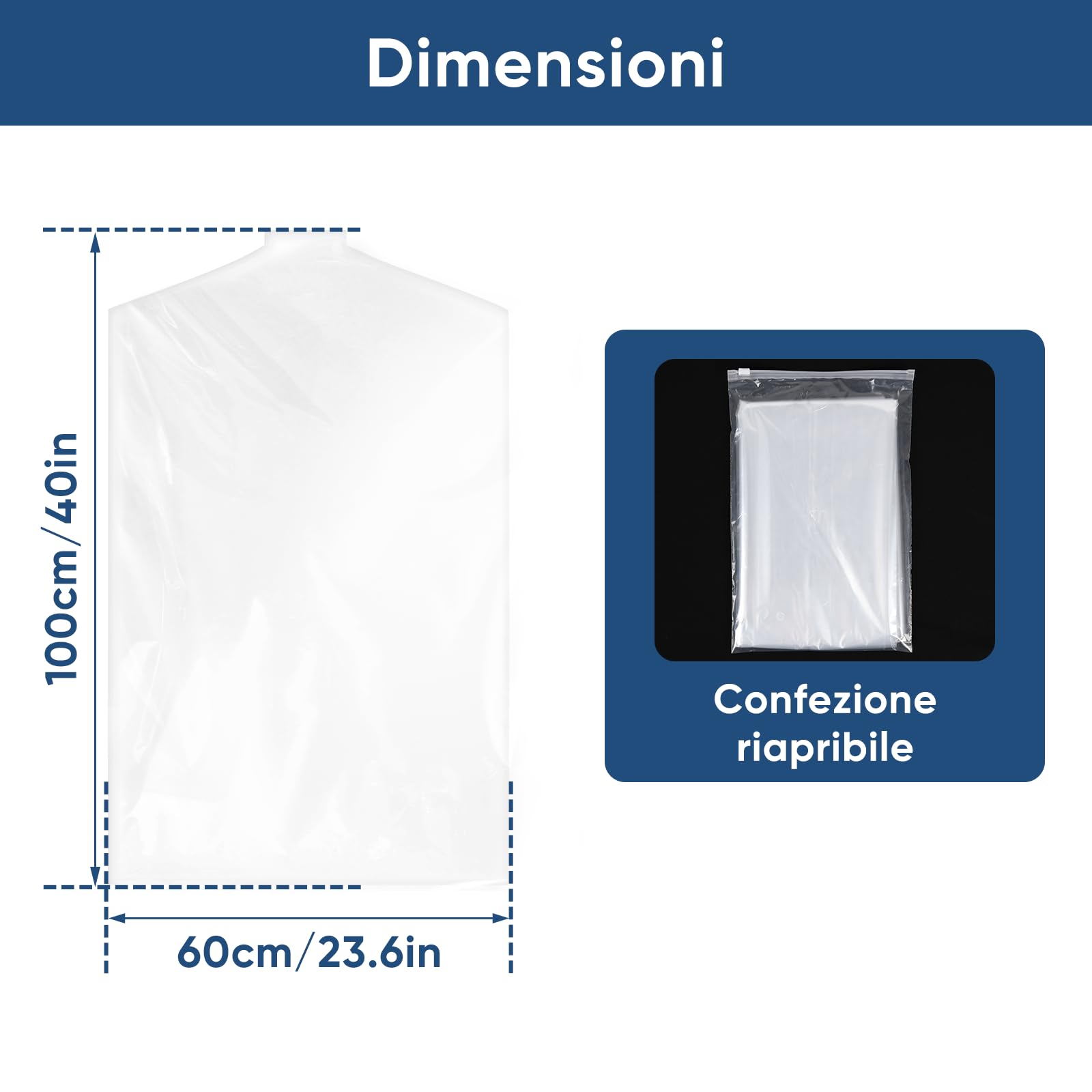 100 pezzi copriabiti trasparenti 60 × 100 cm, sacchetti porta abiti in plastica spessa, anti-polvere e anti-tarme, ideali per armadio, lavanderia e viaggio
