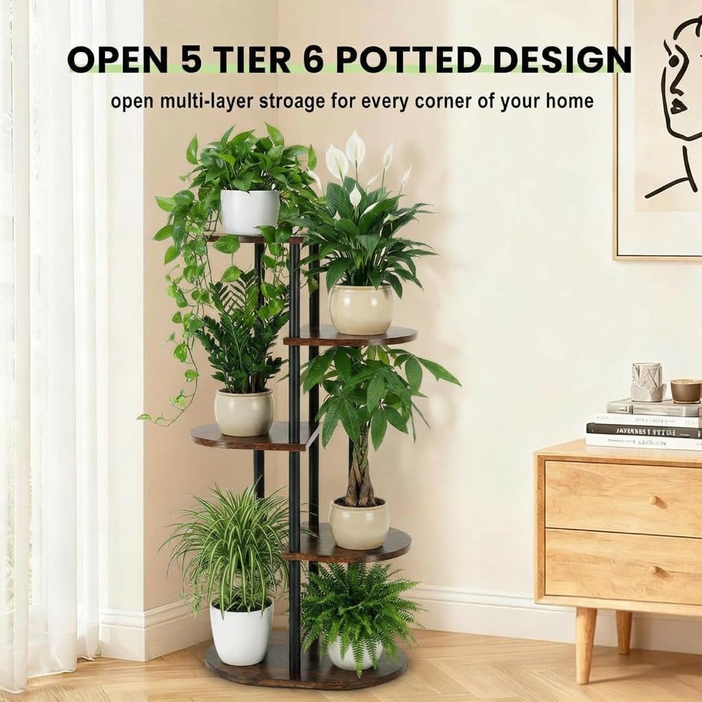 Tiered Plant Stand Indoor, Tall 5 Tier 6 Potted Wooden Plant Shelf for Multiple Flower Plants, Multi Corner Metal Plant Holder Indoor for Patio Garden Patent Design Living Room Balcony Bedroom, Rustic Brown