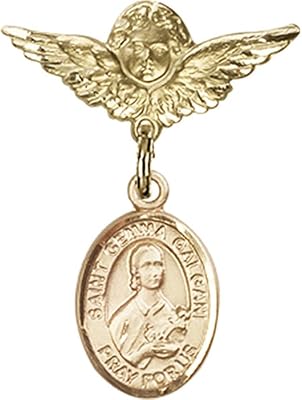 14kt Yellow Gold Baby Badge with St. Gemma Galgani Charm and Angel w/Wings Badge Pin 1 X 3/4 inches
