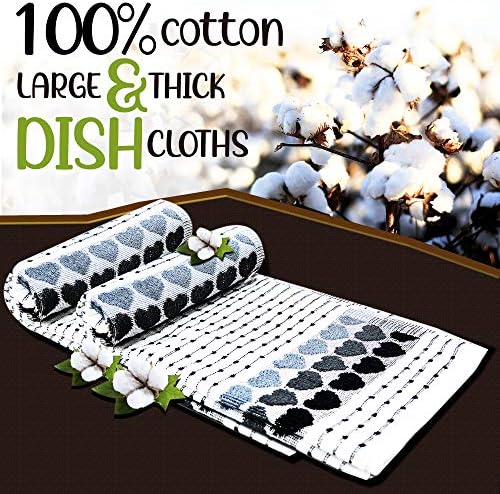 100% Cotton Terry Tea Towel Egyptian Wonder Quick Dry Soft Monocheck Black / White Jumbo Thick Kitchen Dish Cleaning Drying Cloth Pack of 3 , 4, 5, 6  40cm x 60cm (Black Heart Pack of 6, 16" x 24")