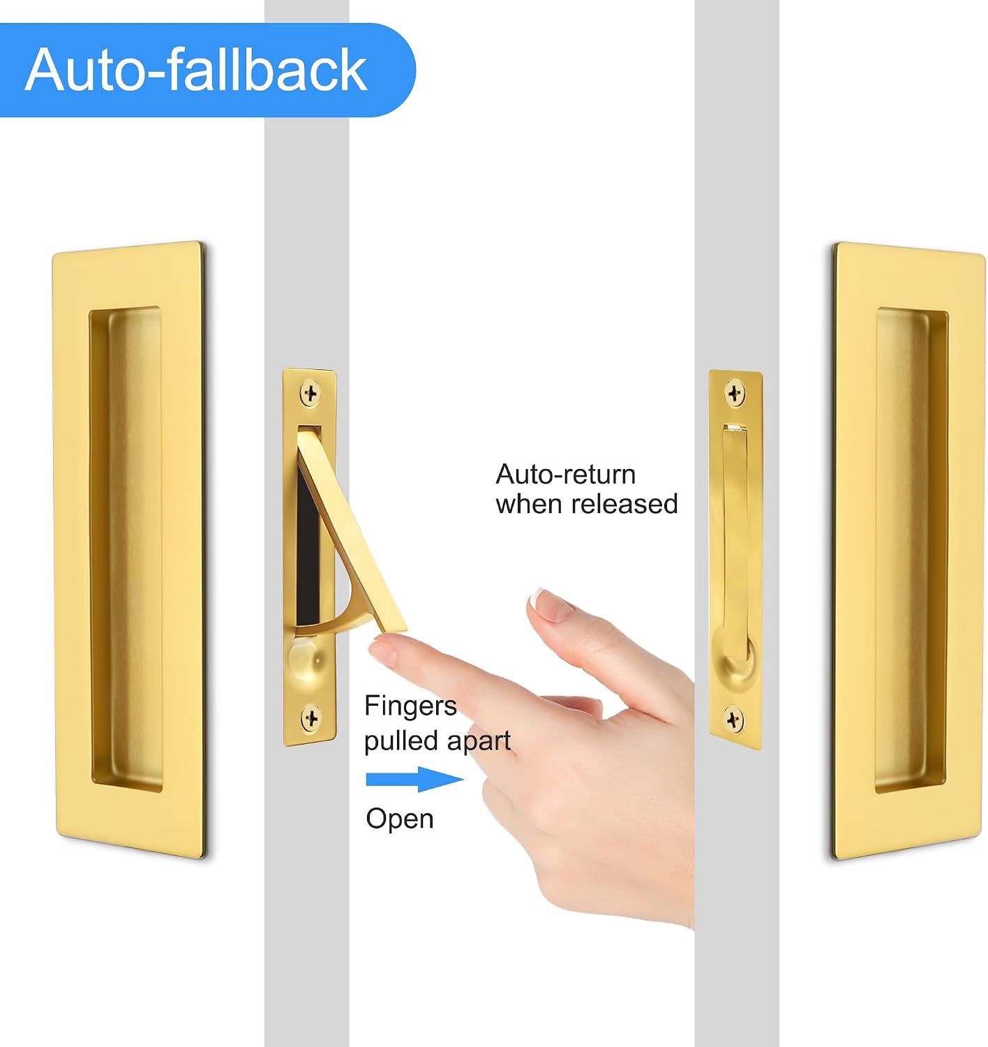 Dontay Pocket Door Handles and Edge Pull,Recessed Hardware,Brass,6'' | Spring-Loaded Finger Edge Pulls,304 Stainless Steel,Fits 1-3/8" Thick Sliding Doors,Flush Mount Dummy Locks,Hidden Screws