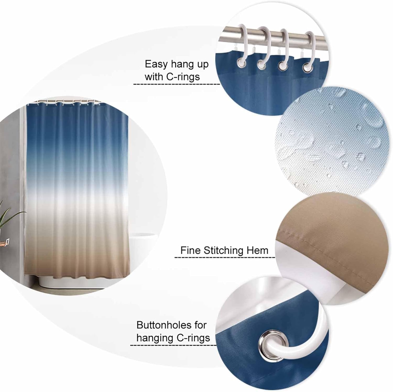 Teamery Shower Curtains Sets for Bathroom Decor Blue to Brown Gradient Ombre Waterproof Bathroom Curtain with Hooks, Watercolor Abstract Art Quick Dry Bathtub Curtains 60x72in