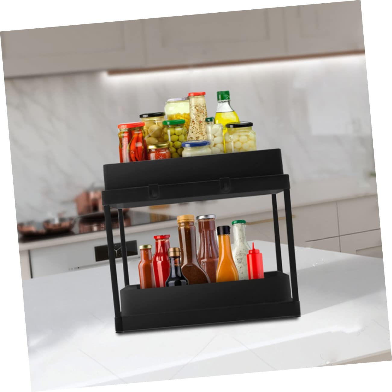 Spülbecken Organizer Unterschrank Ausziehbarer Küchenorganizer mit 2 Ebenen Abs Wasserableitend für Küche und Bad Schwarz