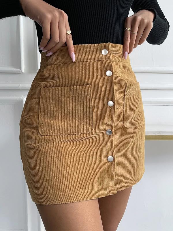 Corduroy Skirts for Women, A-Line Skirts Button Down High Waist Short Skirts with Pockets, Vintage Bodycon3