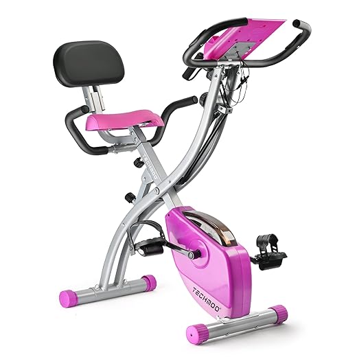 Folding Exercise Bike Portable Upright Adjustable Backrest Cycling Recumbent Stationary Bike Slim Indoor Workout Fitness Cardio Foldable Exercise Bicycle Machine with Pulse Sensor LCD Monitor Arm Resistance Bands