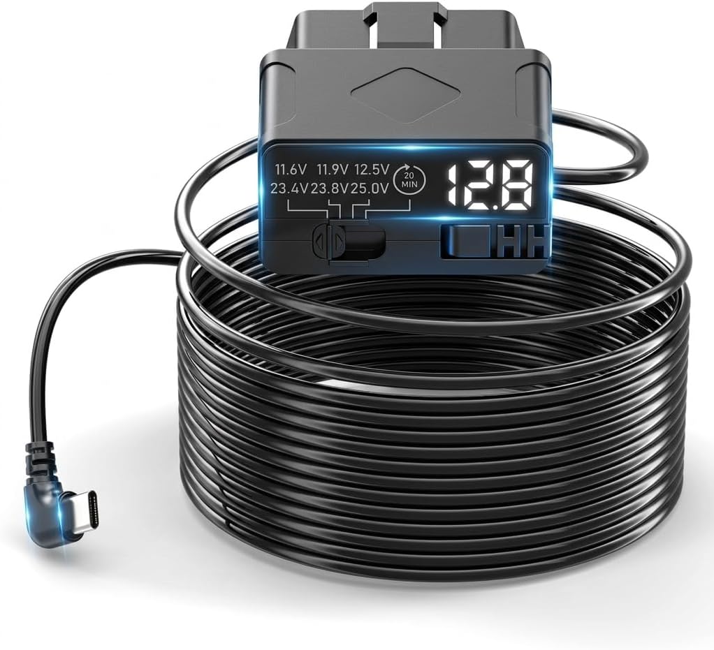 OBD2 to Type C Dash Cam Power Cable with ACC Detection, LED Digital Voltmeter, 3-Level Low Voltage Protection & Auto Shut-Off Modes, 5V/3A Output, 3.5M Plug & Play Hardwire Kit for 12V Vehicles Cables