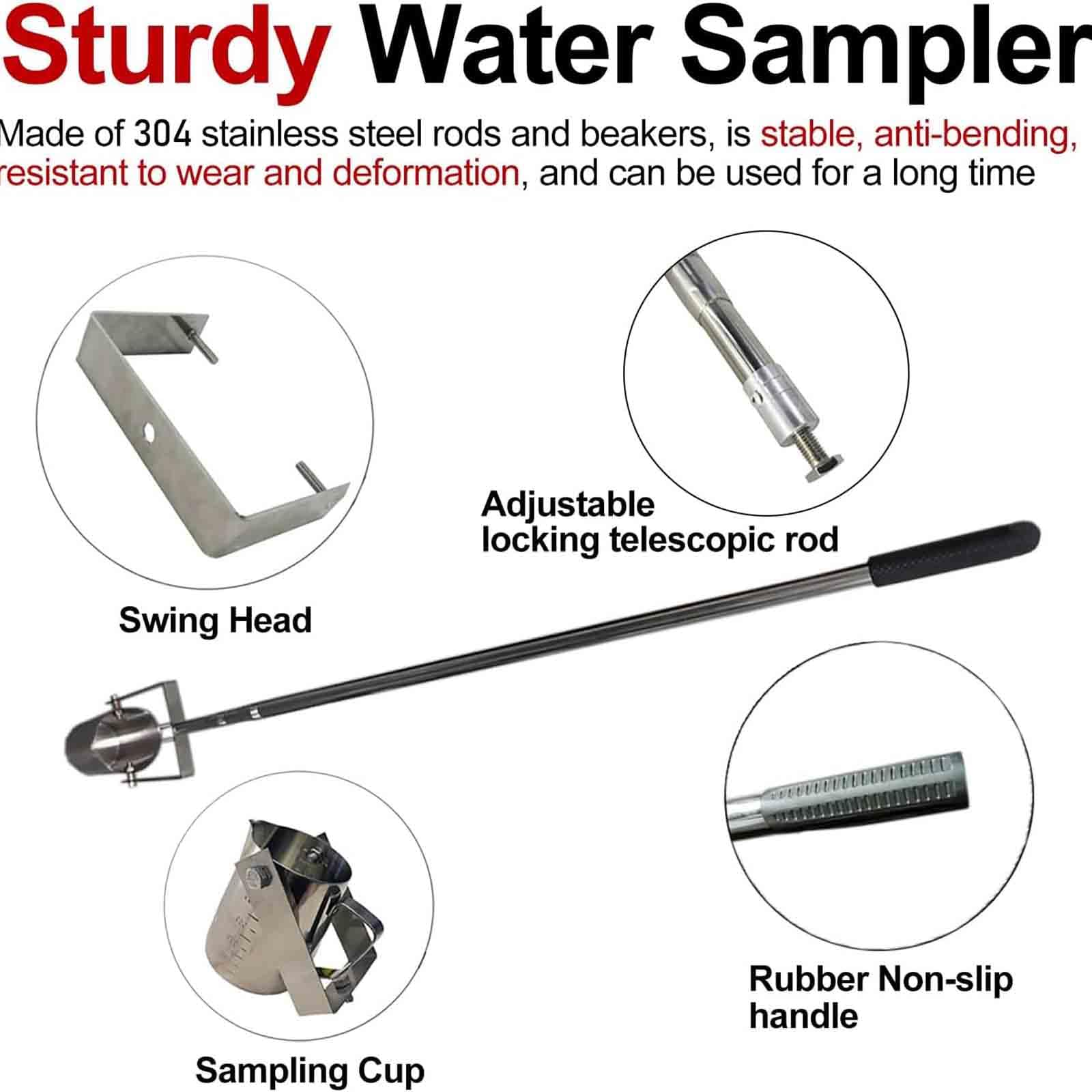 Campionatore d'Acqua in Acciaio Inox 304, becher pendolare con Asta telescopica, mestolo per prelievo qualità Acqua per Fiume Lago Stagno,Non Graduated,2.8~6.6 ft | 1