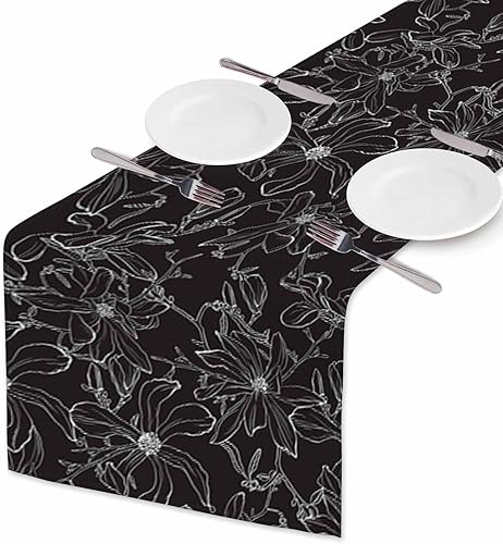 Miniatura 2 de HOSNYE Camino de mesa negro y blanco con diseño de magnolia japonesa, decoración de camino de mesa de lino y algodón para cocina, mesa familiar,