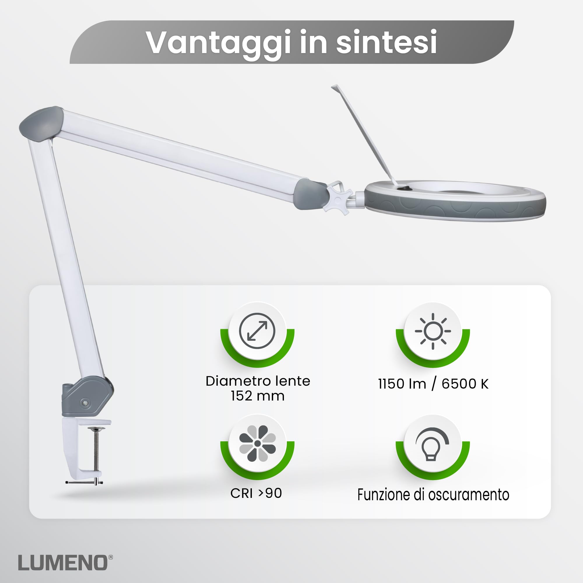Lumeno lampada d'ingrandimento LED dimmerabile 8515GR con grande lente in vero vetro da 152 mm, adatta come lampada da lavoro, ausilio alla lettura, 5 diottrie grigio