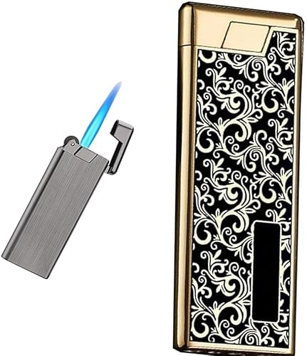 Metal Ultra-Thin Butane Lighter, Soft Flame, Grinding Wheel Ignition, Reusable, Adjustable Flame, Suitable Gift for Both Men and Women(Golden Flower)