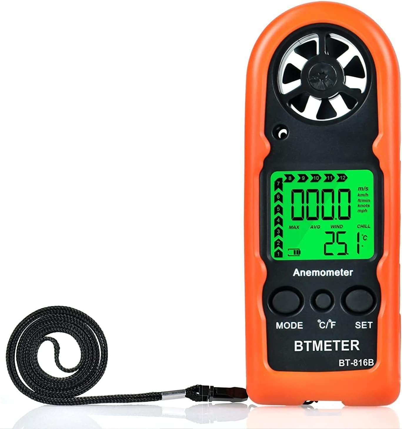 BTMETER Anemometer Handheld Wind Speed Meter, BT-816B Mini Digital Air Flow Meter with LCD Backlight/Wind Chill & Temp, Max/Avg/Current Mode to Measure Air Flow Velocity for Sailing Drone Golf HVAC