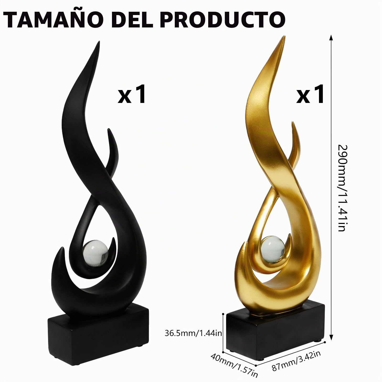 2 Piezas Esculturas de Llama Decoración Estatua Llama Moderna 29 x 8.7 x 4 cm con Bola de Cristal Escultura de Arte Abstracto para Sala de Estar, Oficinas, Comedor (Dorado, Negro)