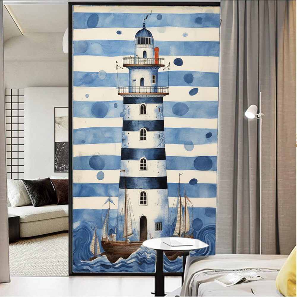 Nautical Ship Lighthouse Window Privacy Film Blue Coastal Retro Ocean Beacon Stained Glass Window Coverings Static Cling Window Film for Home Office Stores 35.4Wx63L