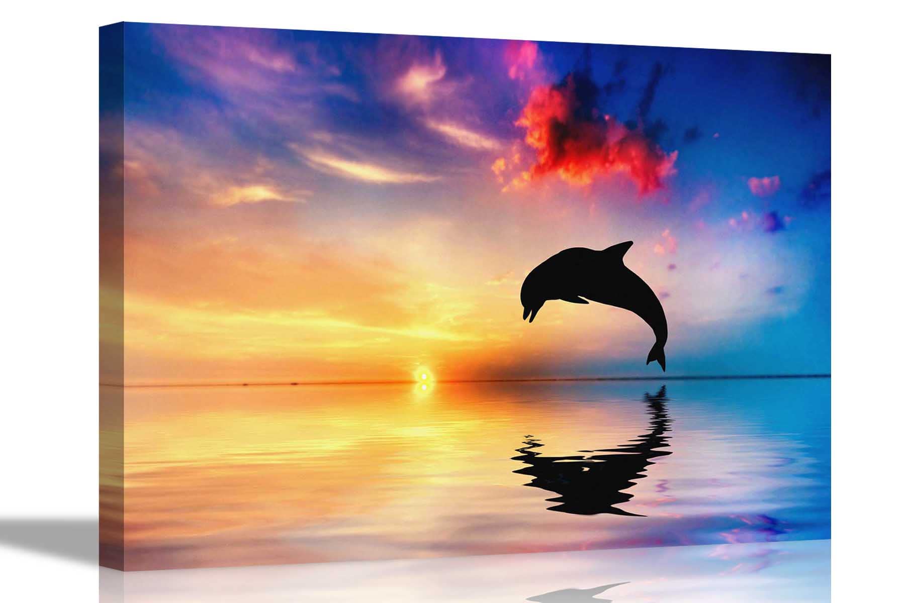 Artley Prints Blue Landscape Dolphin Silhouette Sunrise Canvas Art Pictures Framed Hanging Stretched Bedroom Modern Kids Artwork Large 76 X 50Cm (30 X 20 Inches)