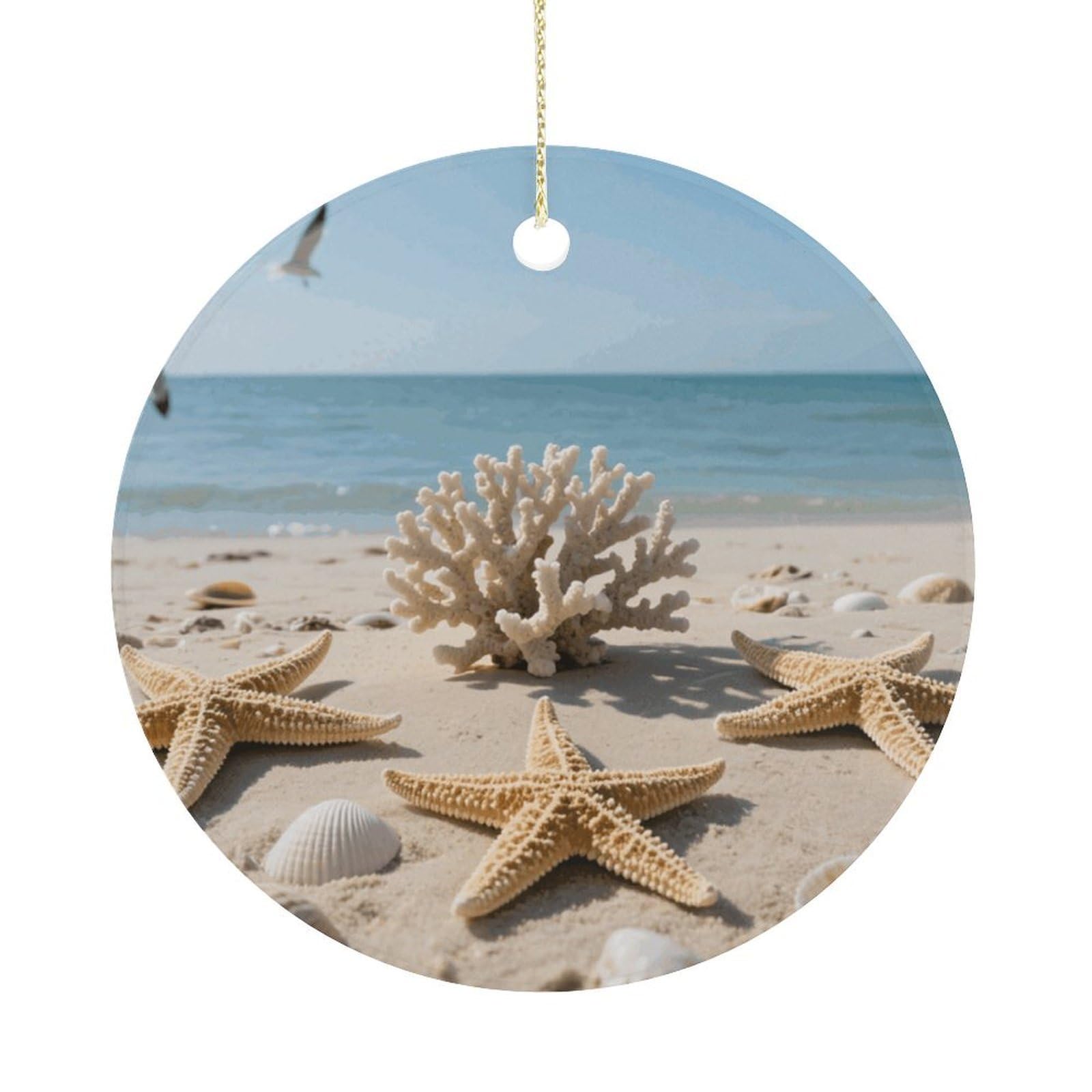 Personalized Christmas Ornaments 2025 Ceramic Hanging Sea Shells and Starfish Ornaments with Gold String Double-Sided Vintage Holiday Decorations for Tree Mantel Tabletop Xmas Party Favors