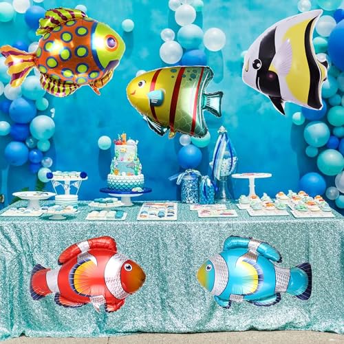 Image of 5 Pcs Fish Balloons, Large Tropical Clownfish Foil Balloon | Inflatable Under the Sea Animal Creature Balloons for Baby Shower Kids Birthday Ocean Themed Party Decorations