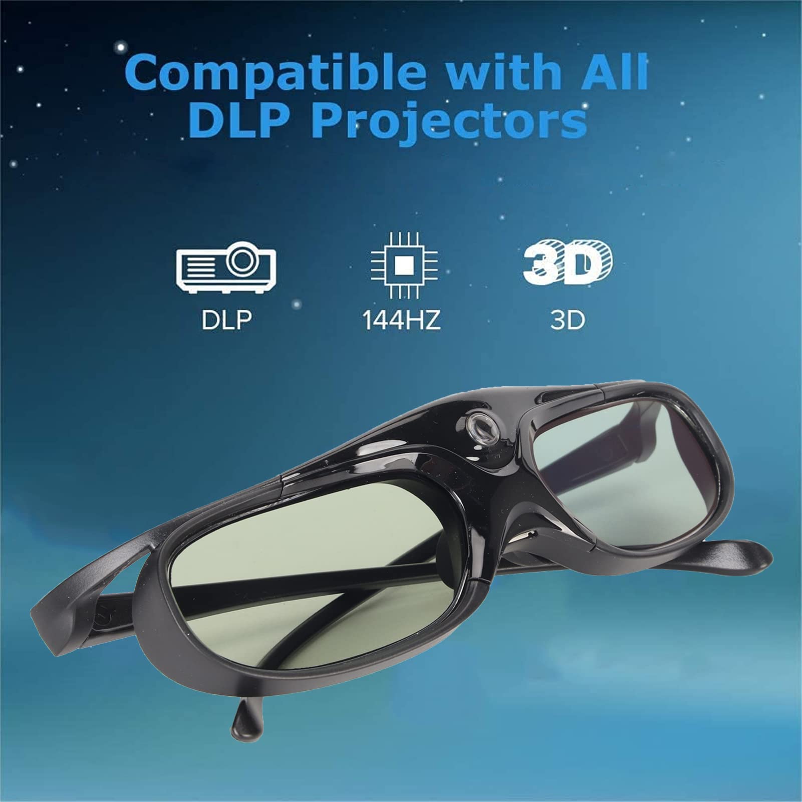 GOWENIC 144Hz DLP Link 3D Glasses, Rechargeable 3D Active Shutter Glasses for All DLP Link 3D Projectors, No Monitor Support, Normal TV, for 3D Hhome Theater, Black, 1 Pack