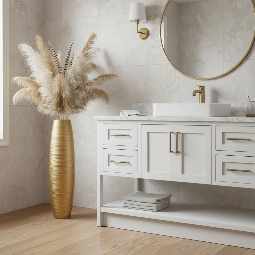 Tall Floor Vase, 27.5 inches (70cm, 2.3FT) Tall Vases Sturdy, Luxury, Textured for Decorative Branches Dried Flowers, Floor Vase for Rustic Living Room, Shelf Decor, Resin Gold