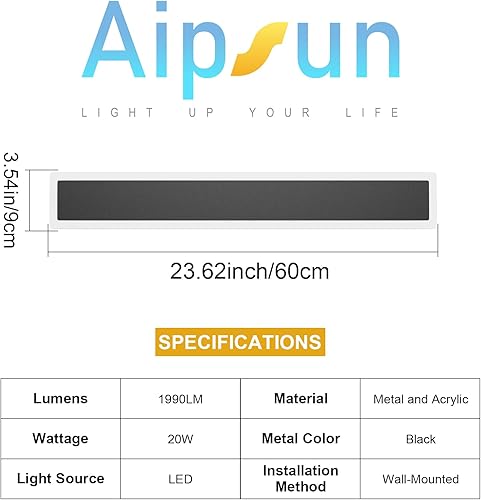 Miniatura 6 de Aipsun Paquete de 2 Luces LED de Pared para Exteriores, 23.6 pulgadas Aplique de Pared LED Moderno para Porche y Patio, Luces Exteriores Negras de