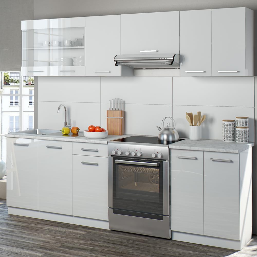 Vicco Cucina componibile Raul, Bianco lucido/bianco, 240 cm, PL Marmo, combinabile in modo flessibile con elementi modulari