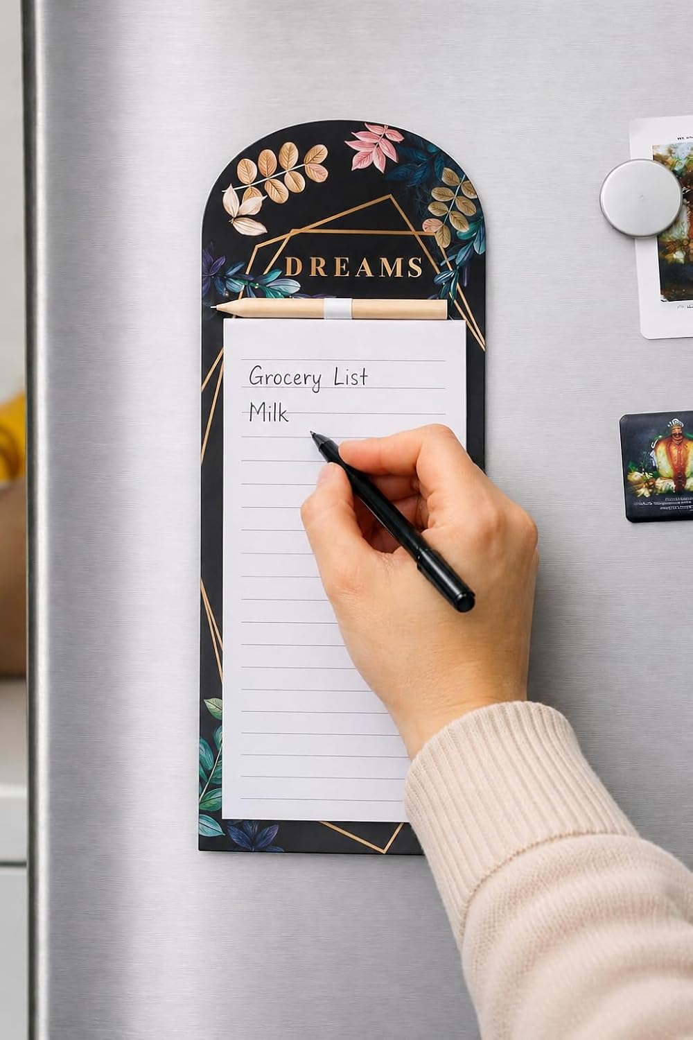AccuPrints Dreams Magnetic Planner Fridge Memo Notepad with Pencil Holder | Floral Theme | Grocery List Kitchen Organiser | To Do List Reminder Message Pad |Perfect for Personal Family & Gifts