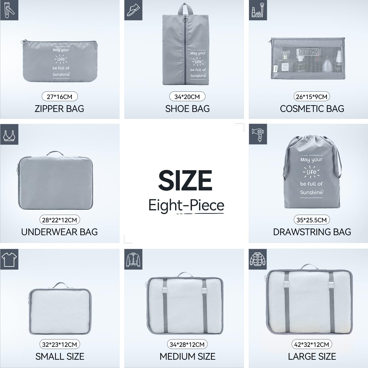 Shadcoler Organizer Valigia, 8 Pezzi Organizer Valigia Salvaspazio, Organizer Viaggio, Packing Cubes per Cosmetici, Abbigliamento Intimo, Vestiti, Borse, Scarpe, Viaggio Accessori Utili (Grigio)
