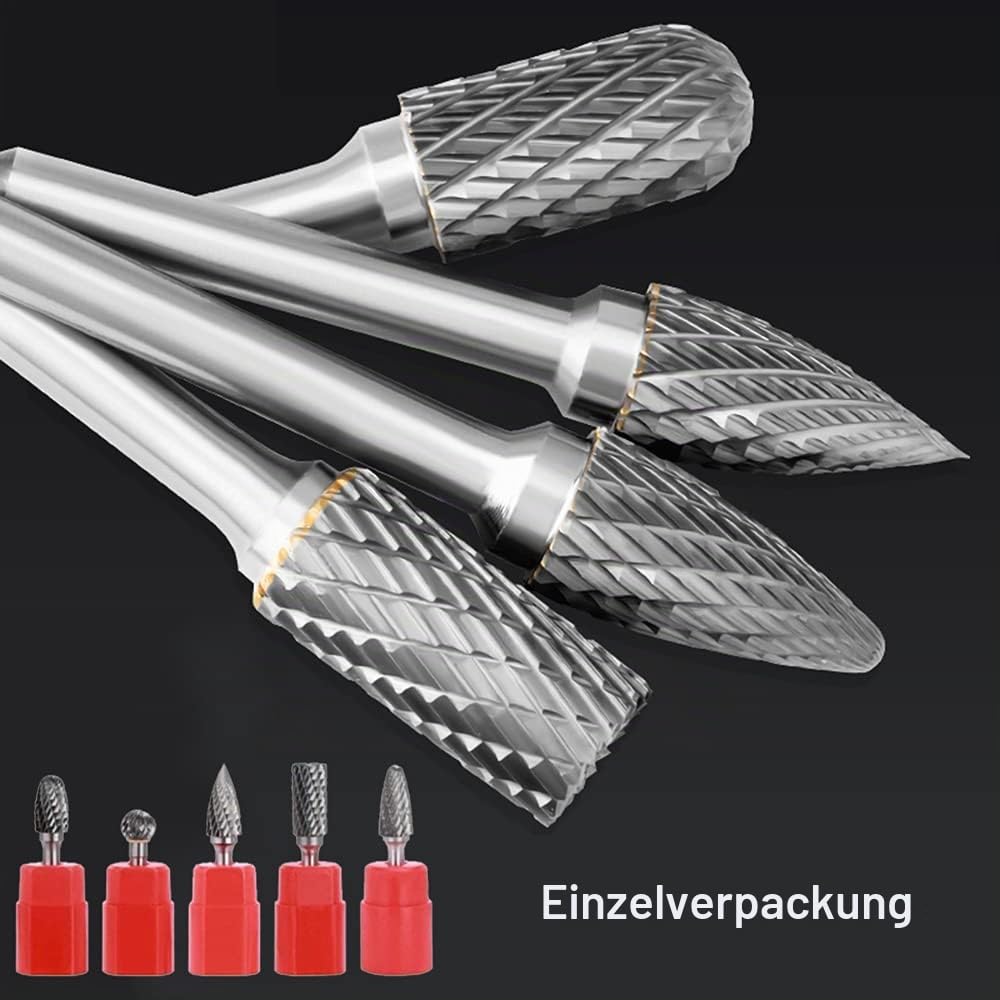 ASNOMY Wolframcarbid fräser – 5 Stück Raspel Set 10mm Hartmetall Rotary Frässet Frässtifte für Schneidschleifer, Metallschnitzen, Polieren, Gravieren, Bohren mit 6 mm Schaft Fräser-Bit-Set