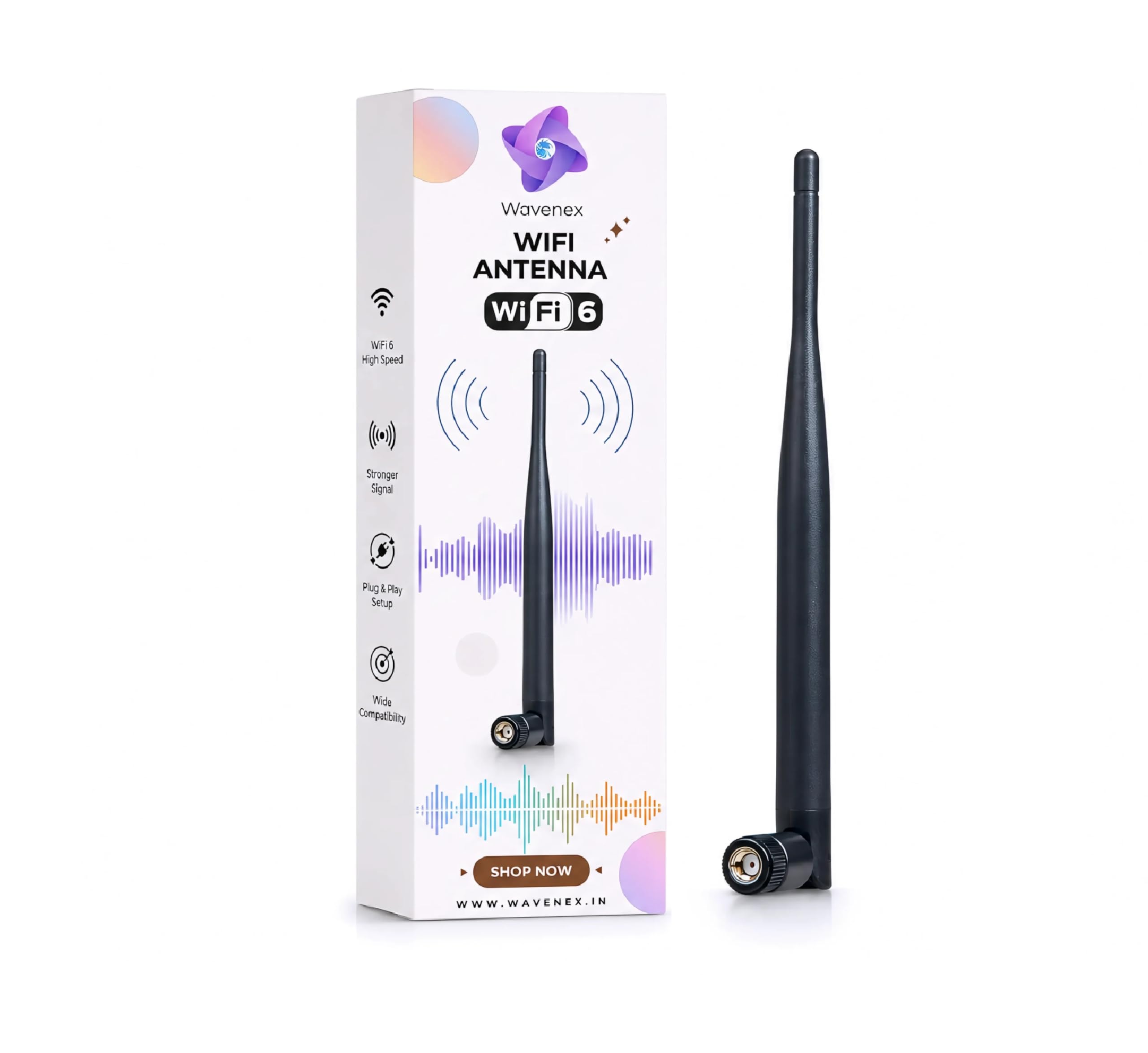 Wavenex® Dual Band 6dBi WiFi Antenna with RP-SMA Connector 2.4GHz/5GHz/5.8GHz High-Gain Antenna for WiFi Routers, PCI-E Network Cards, USB Adapters, Security IP Cameras & Video Devices (Set of 1)
