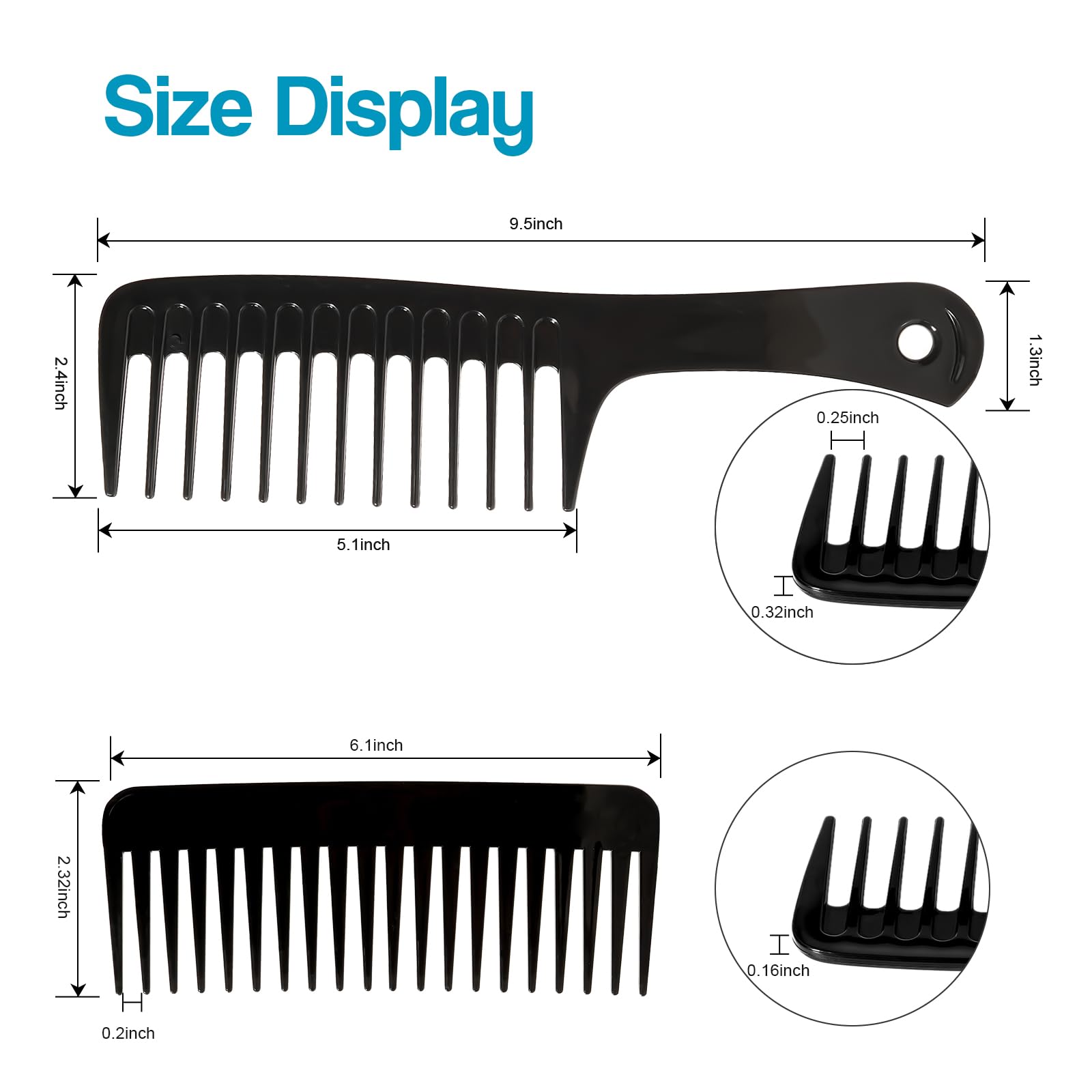 2 peines de dientes anchos para cabello rizado, peine desenredante grande para cabello húmedo o seco, peine de ducha para mujeres y hombres (negro-blanco)