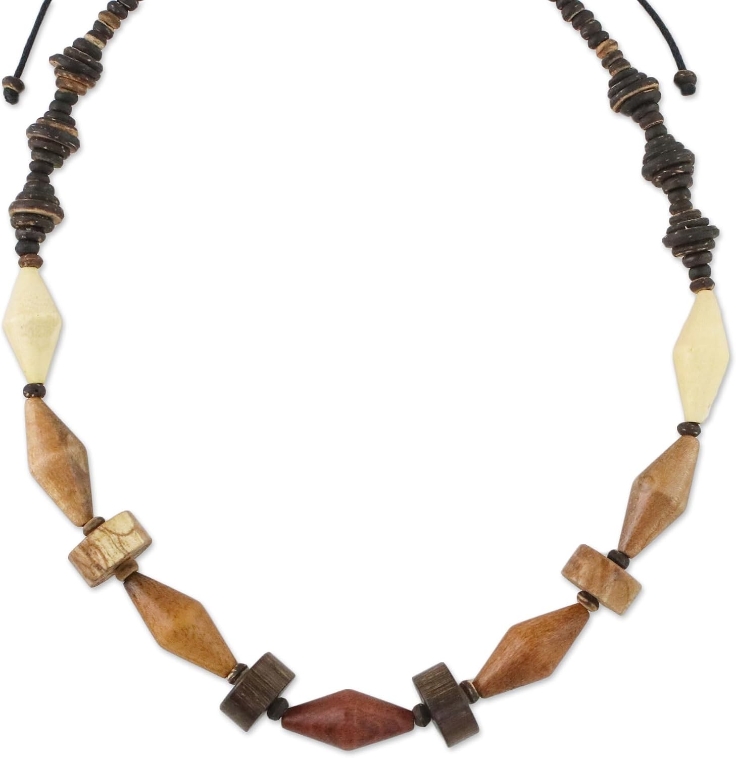 NOVICA Artisan Handmade Wood Coconut Shell Beaded Necklace Long from Thailand Brown Reclaimed [23.5 in min L x 31.5 in max L 14 mm W Pendant(s) 0.7 in L x 12.25 in W] ' Summer Traveler'