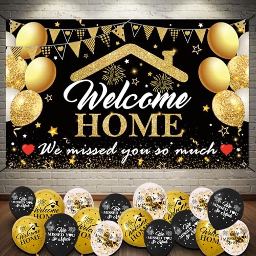 Welcome Home Decorations Kit - 5.9x3.6Ft Welcome Home Banner, 18PCS 'Missed You' Balloons - Military Homecoming Party Supplies in Black & Gold