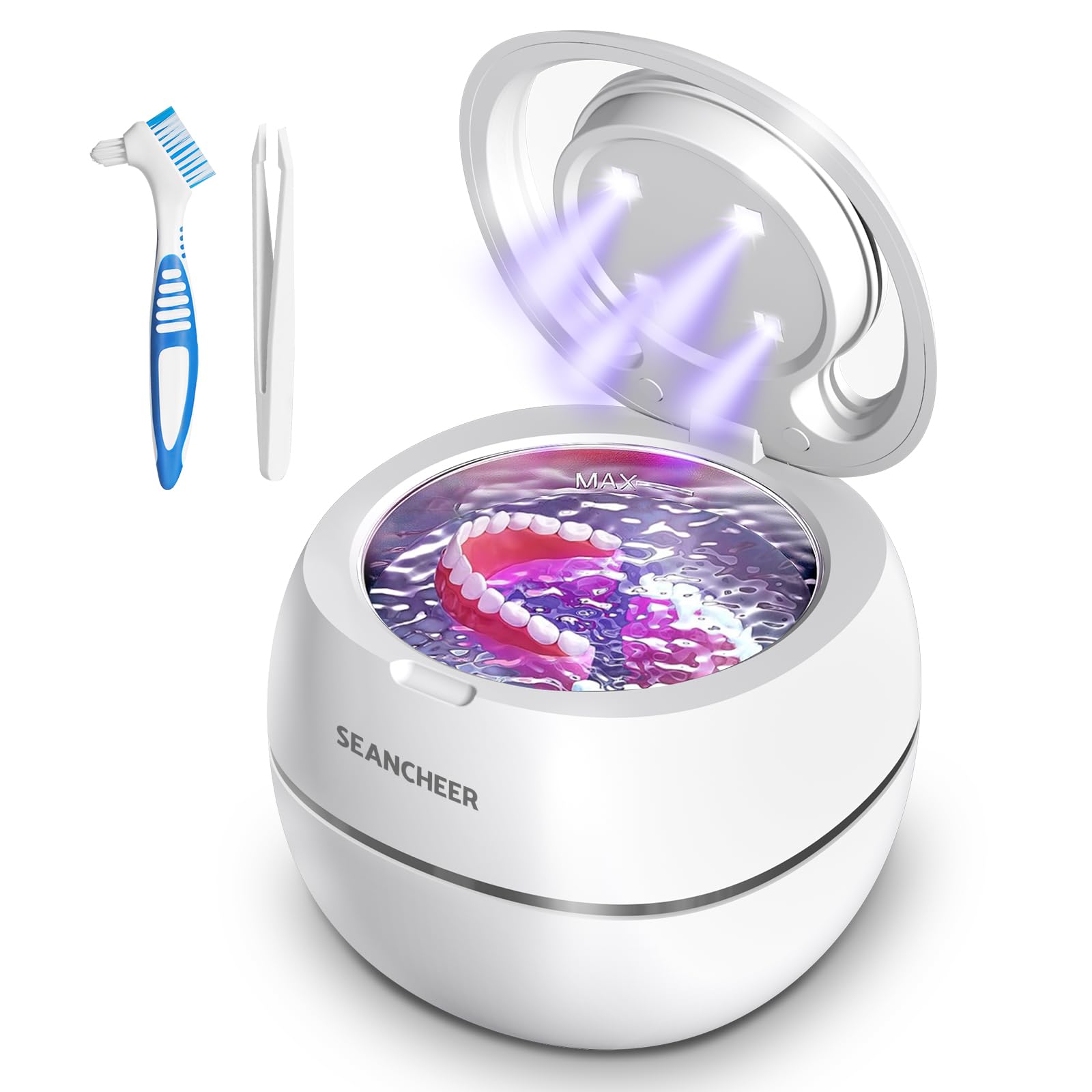 SEANCHEER Nettoyeur Ultrasons 48000Hz Dental Pod | 180ML | Mini Ultrasonic Cleaner Portable avec Lampe UV pour | Prothese Dentaire | Gouttiere Dentaire Bruxisme | Aligneur | Retainer | (Blanc)