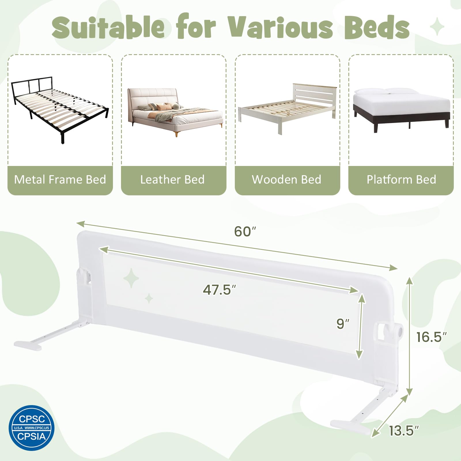 GLACER Toddler Bed Rail Guard, 60