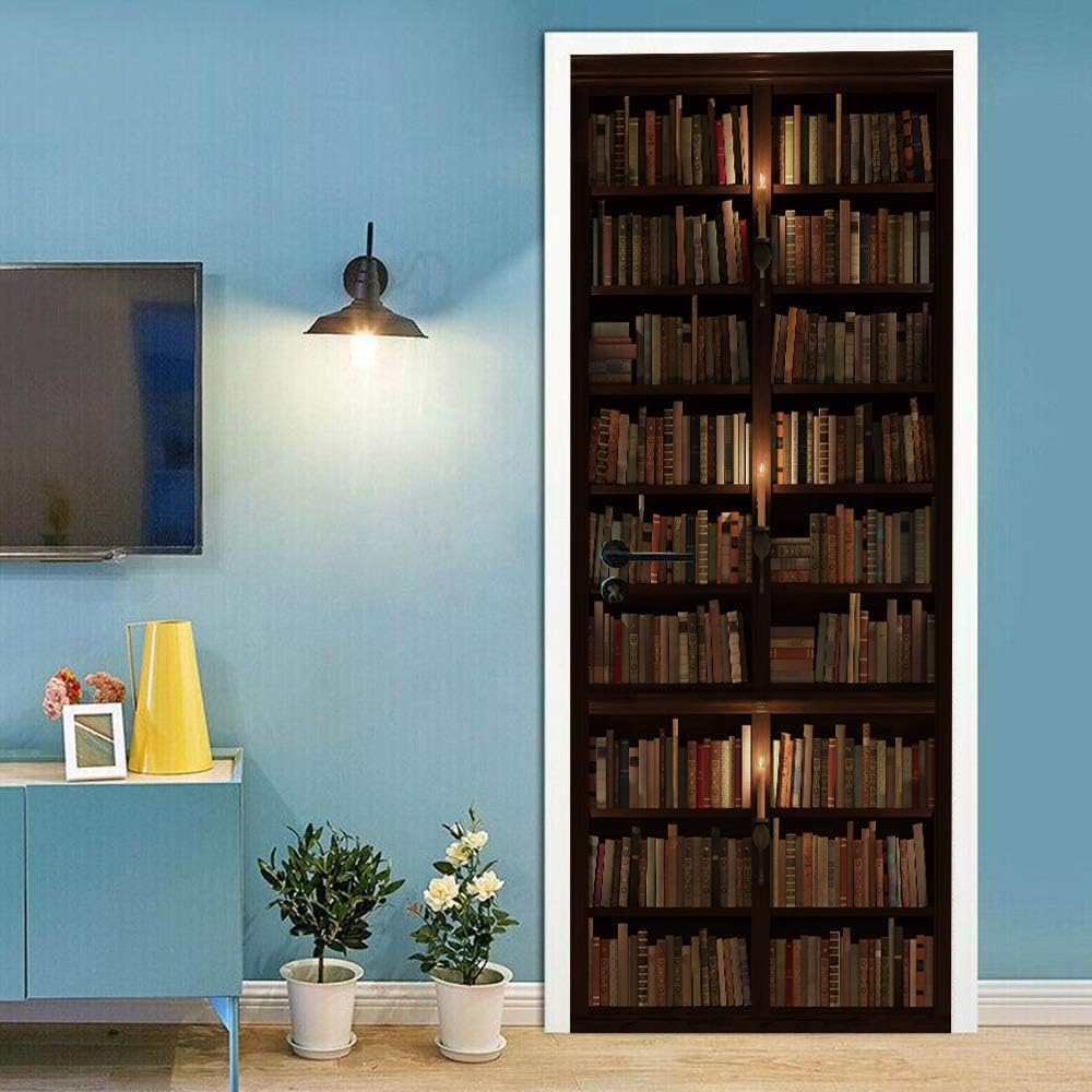 Autocollant Porte Bibliothèque 3D – 86x200 Cm, Effet Livres, Décoration Murale Amovible