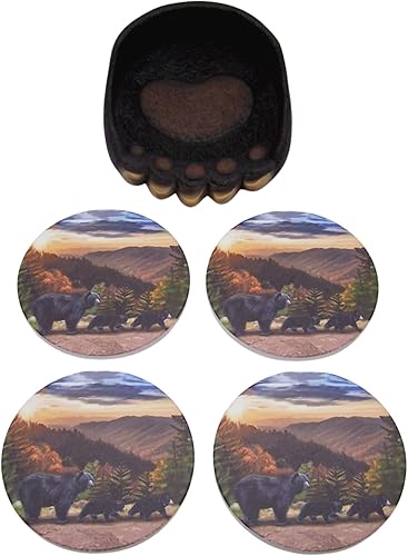 Miniatura 6 de Mama Bear - Posavasos con diseño de cachorro en el bosque con soporte de garra de oso, decoración de cabaña, juego de 4 posavasos de 6 pulgadas